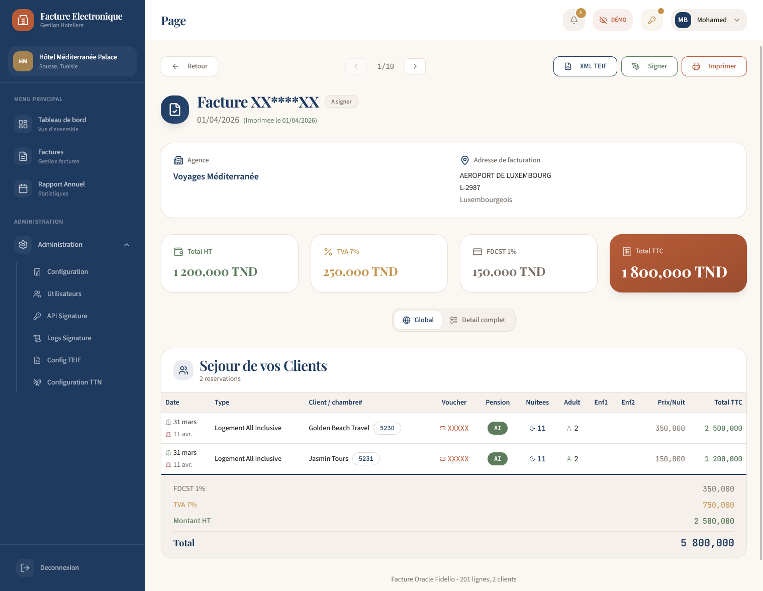 Détail d'une facture Oracle avec actions de signature TEIF